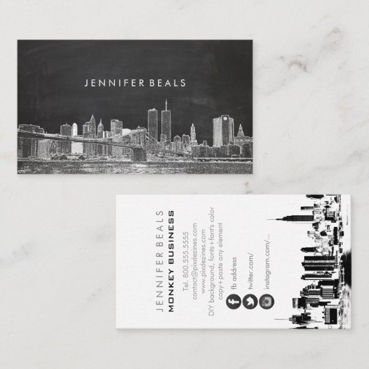 PixDezines Twin Towers NYC Skyline/Chalkboard Visitekaartje (Voorkant / Achterkant)