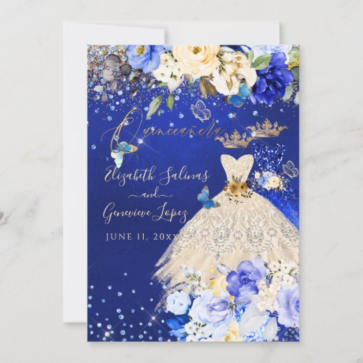 PixDezines Twins Quinceanera Royal Blue Gold Kaart (Voorkant)