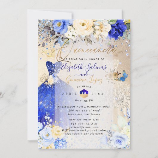 PixDezines Twins Quinceanera Royal Blue Gold Kaart (Achterkant)