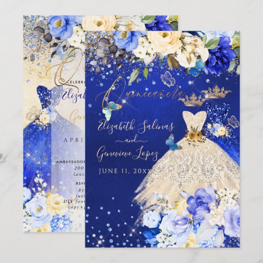 PixDezines Twins Quinceanera Royal Blue Gold Kaart (Voorkant / Achterkant)