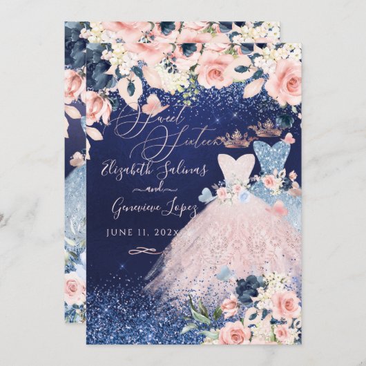 PixDezines Twins Sweet 16 Dusty Blue+Blush Invitat Kaart (Voorkant / Achterkant)