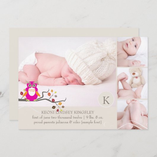 PixDezines uil fotosjabloon geboorte aankondiging (Voorkant / Achterkant)