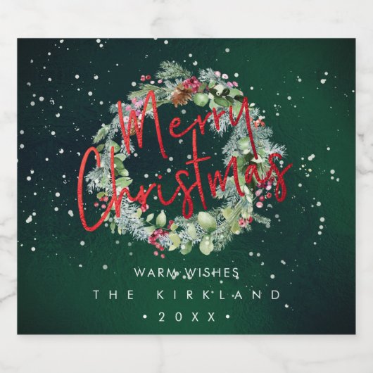 PixDezines Vakantiegejuich Winterkrans Smaragd Sparkling Wijnetiket (Enkel label)