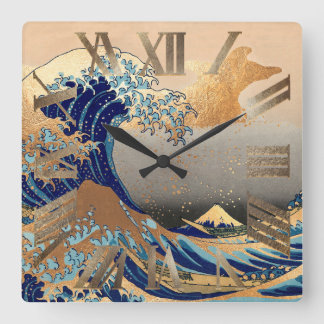 PixDezines Vintage Great Wave Hokusai 葛飾北斎の神奈川沖浪 Vierkante Klok