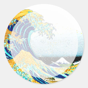PixDezines Vintage, Grote Golf, Hokusai 葛飾北斎の神奈川沖浪 Ronde Sticker