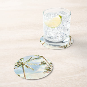 PixDezines Vintage Hawaïaans strand/Blauw Ronde Kartonnen Onderzetter