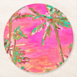 PixDezines Vintage Hawaïaans strand/roze/turquoise Ronde Kartonnen Onderzetter