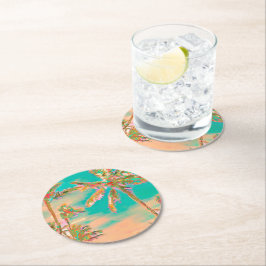 PixDezines Vintage Hawaïaanse strand/Teal Ronde Kartonnen Onderzetter