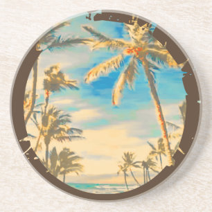 PixDezines Vintage Hawaiiaanse Strandtafereel Zandsteen Onderzetter