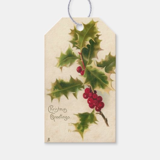 PixDezines Vintage Kerstmis Holly Cadeaulabel (Voorkant)
