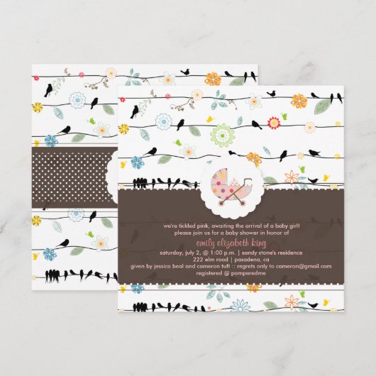 PixDezines vogels op draden+Minidots baby shower/D Kaart (Voorkant / Achterkant)