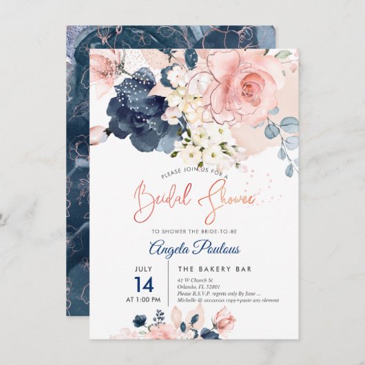 PixDezines Vrijgezellenfeest Navy Blush H2 bloemen Kaart (Voorkant / Achterkant)