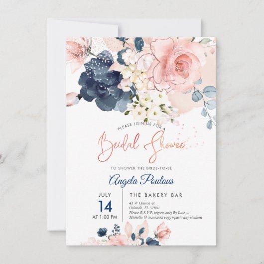 PixDezines Vrijgezellenfeest Navy Blush H2 bloemen Kaart (Voorkant)