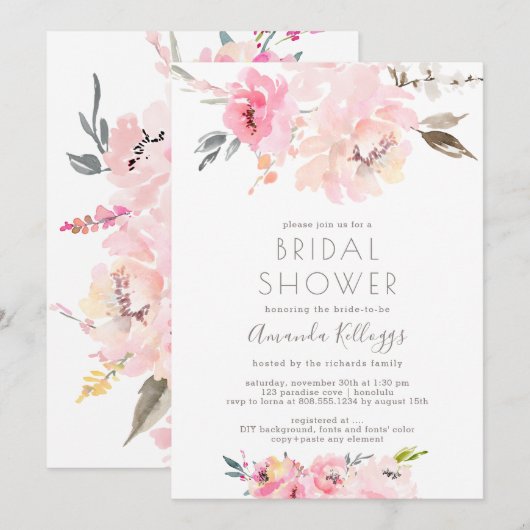 PixDezines Vrijgezellenfeest Waterverf Blush Peoni Kaart (Voorkant / Achterkant)