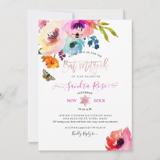 PixDezines Water Rozen Waterverf Bat Mitzvah Kaart (Voorkant)