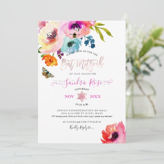 PixDezines Water Rozen Waterverf Bat Mitzvah Kaart (Staand voorkant)