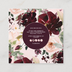 PixDezines Watercolor Bloemen, Burgundy+Blush Vierkante Visitekaartje