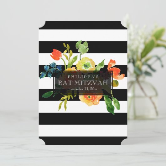 PixDezines Watercolor/Bloemen/ Strepen Bat Mitzvah Kaart (Staand voorkant)