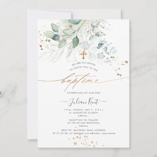 PixDezines Watercolor Eucalyptus Doopfeest Kaart (Voorkant)