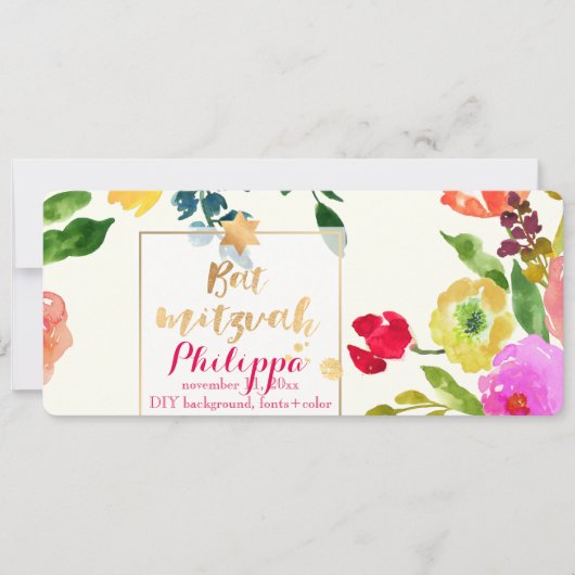 PixDezines Watercolor/Floral/Bat Mitzvah Kaart (Voorkant)