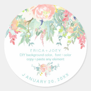 PixDezines Watercolor Pioenrozen Perzik+Mint Ronde Sticker