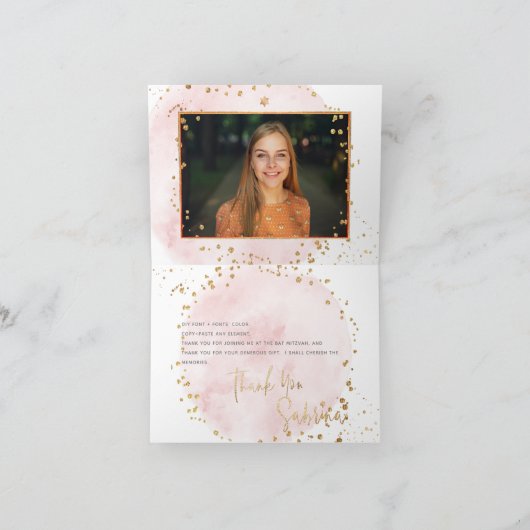 PixDezines Watercolor Roze Gouden Bat Mitzvah Bedankkaart (Binnen)