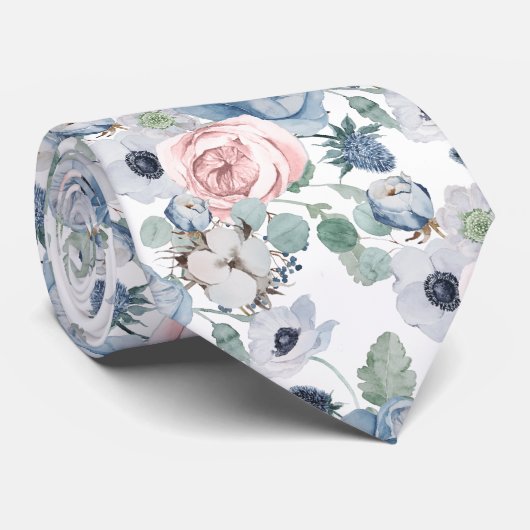 PixDezines Watercolor Stof Blauwe Rose Pioenrozen Stropdas (Opgerold)