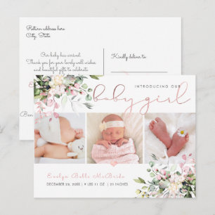 PixDezines Watercolor Stof Roze Eucalyptus Geboort Briefkaart