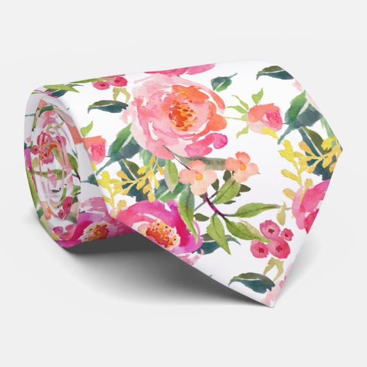 PixDezines Watercolor Zomer Pioenrozen Stropdas (Opgerold)