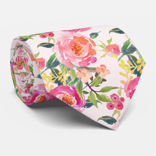 PixDezines Watercolor Zomer Pioenrozen Stropdas (Opgerold)