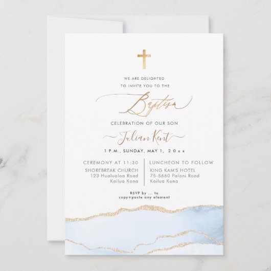 PixDezines Waterverf Agaat Baby Blauw Goud Doop Kaart (Voorkant)