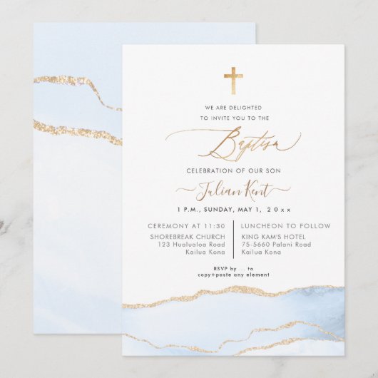 PixDezines Waterverf Agaat Baby Blauw Goud Doop Kaart (Voorkant / Achterkant)