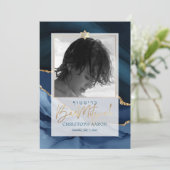 PixDezines Waterverf Agaat, Blauw Blauw Bar Mitswa Kaart (Staand voorkant)