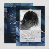 PixDezines Waterverf Agaat, Blauw Blauw Bar Mitswa Kaart (Voorkant / Achterkant)