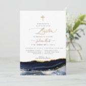 PixDezines Waterverf Agaat Navy Blauw Goud Doop Kaart (Staand voorkant)