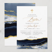 PixDezines Waterverf Agaat Navy Blauw Goud Doop Kaart (Voorkant / Achterkant)