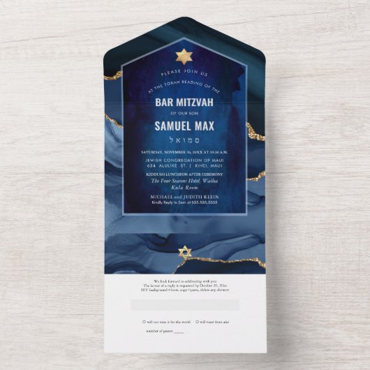 PixDezines Waterverf Agate Slate Blue Bar Mitzvah All In One Uitnodiging (Binnen)