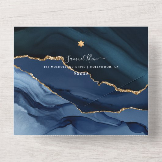 PixDezines Waterverf Agate Slate Blue Bar Mitzvah All In One Uitnodiging (Achterkant)