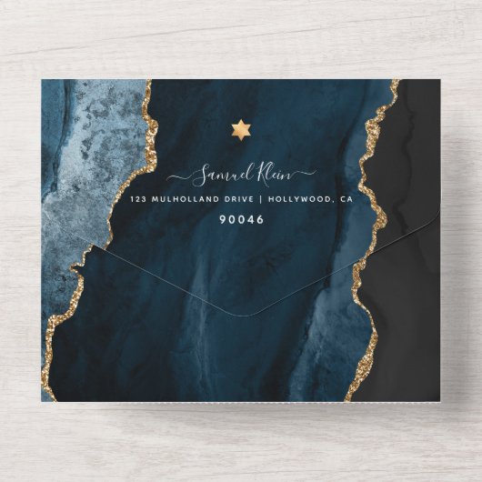 PixDezines Waterverf Agate Slate Blue Bat Mitzvah All In One Uitnodiging (Achterkant)