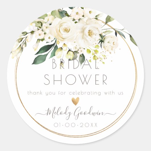 PixDezines Waterverf Alabaster Rozen+Greenery Ronde Sticker (Voorkant)