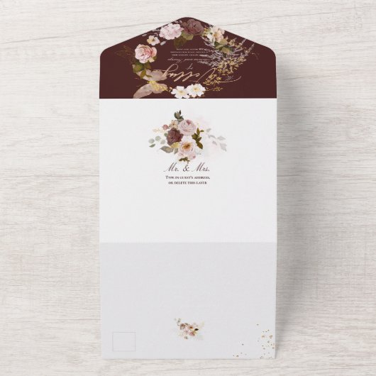 PixDezines Waterverf Autumn Burgundy Blush Flower All In One Uitnodiging (Buitenkant)