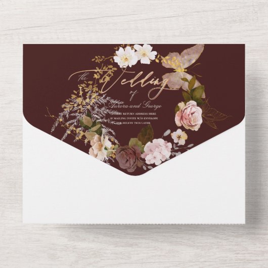 PixDezines Waterverf Autumn Burgundy Blush Flower All In One Uitnodiging (Achterkant)