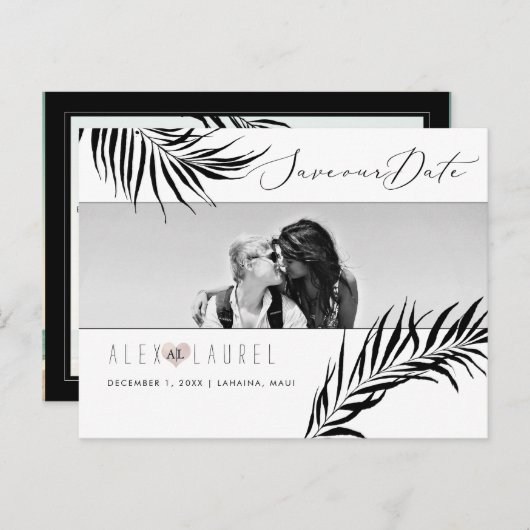 PixDezines Waterverf Black Palms, Bewaar de datum Briefkaart (Voorkant / Achterkant)