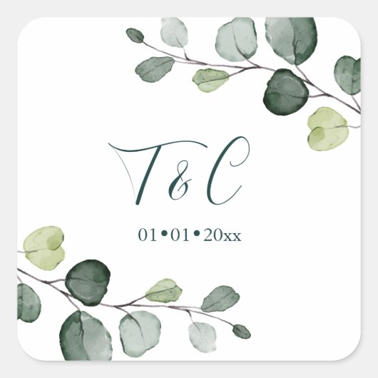 PixDezines Waterverf Blad Eucalyptus Takjes Vierkante Sticker (Voorkant)