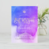 PixDezines Waterverf Blauw+Roze Bat Mitzvah Kaart (Staand voorkant)