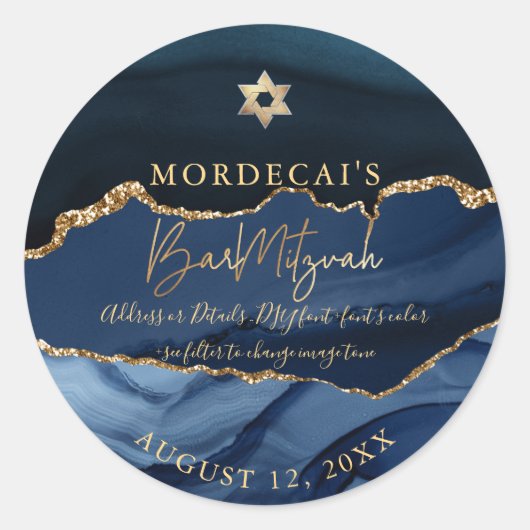 PixDezines Waterverf Blauwe Agaat Bar Mitzvah Ronde Sticker (Voorkant)