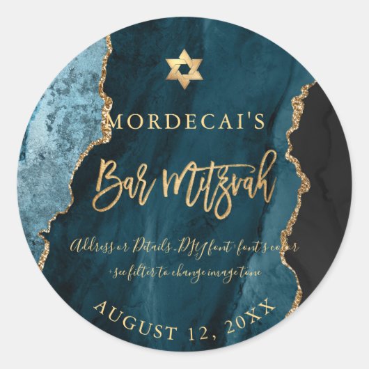 PixDezines Waterverf Blauwgroen Agate Bar Mitzvah Ronde Sticker (Voorkant)