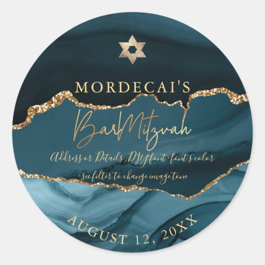 PixDezines Waterverf Blauwgroen Agate Bar Mitzvah Ronde Sticker (Voorkant)