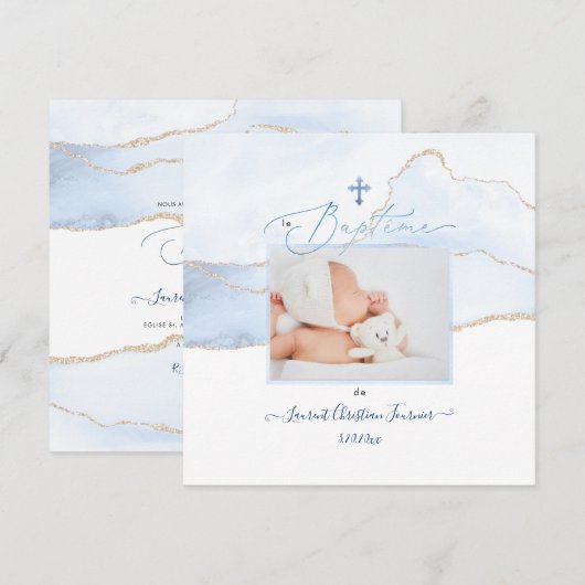 PixDezines Waterverf Bleue Agate, Baptême garçon Kaart (Voorkant / Achterkant)