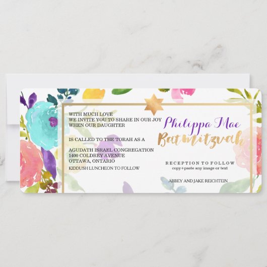 PixDezines Waterverf/Bloemen/Bat Mitswa Kaart (Achterkant)